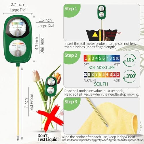 Soil Test Kit, 2-in-1 Soil Moisture Meter, Soil pH Tester, Large Dual Dial Soil - Image 3