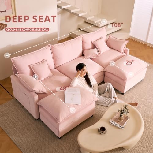 GOSUHI 108" U-Shaped Modular Cloud Couch, Deep Seat, Chenille Pink - Image 4