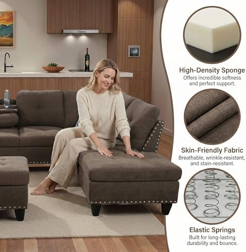 L-Shaped Couch Set, 97.5" L x 69.5" W Sectional Sofas Linen Brown - Image 7
