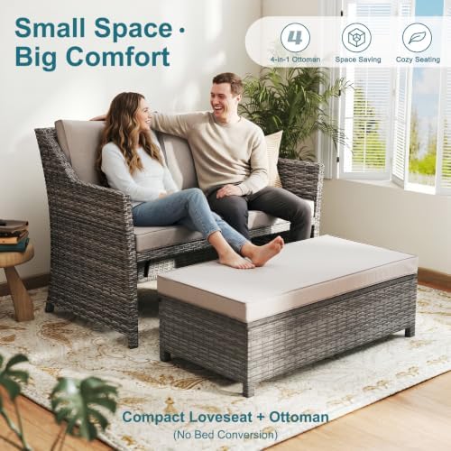 OC Orange-Casual Wicker Patio Loveseat Sofa w/Storage Ottoman - Image 2