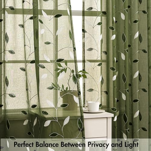 MIULEE Christmas Olive Green Sheer Curtains Leaf Patterned, W52 x L96 - Image 5