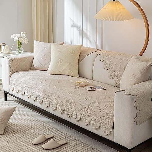 vctops Farmhouse 100% Cotton Quilted Couch Cover Floral Embroidered Sofa Cover - Image 3