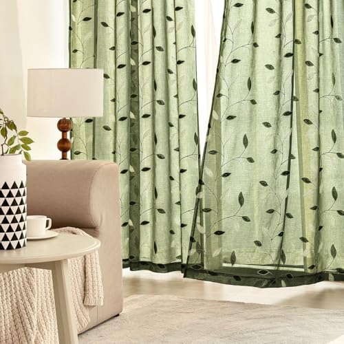 MIULEE Christmas Olive Green Sheer Curtains Leaf Patterned, W52 x L96 - Image 3
