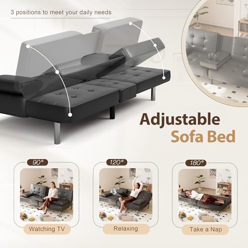 Shahoo Leather Convertible Futon Sofa Bed, Folding Sleeper Loveseat Couch - Image 4
