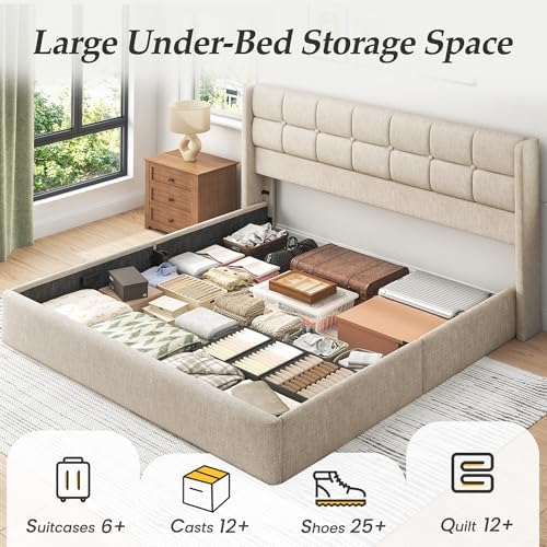 Lifezone King Size Lift Up Storage Bed Frame, Linen Upholstered King Platform - Image 3