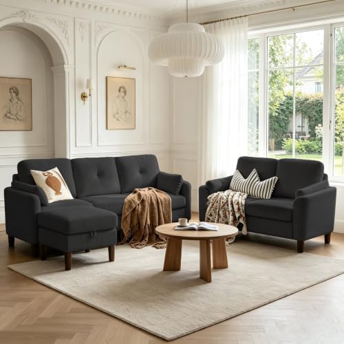 3 Piece Sectional Sofa Set, 3 Seat Couch & Loveseat & Ottoman by Portaforta