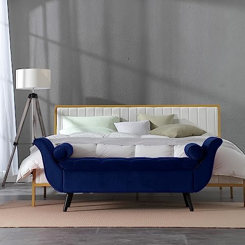 Storage Bench for Bedroom End of Bed, Velvet Upholstered Rolled Armed Button - Image 4