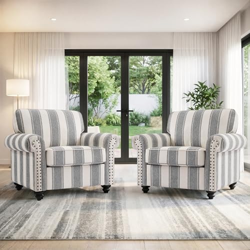 Striped Accent Chairs Set of 2, Comfy Reading Armchair, Light Grey by DREAMSIDEA