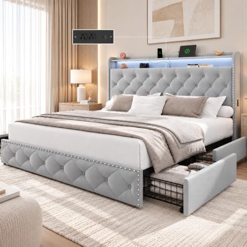 LARMACE Queen Bed Frame with 4 Storage Drawers, LED & Charging Station by LARMACE