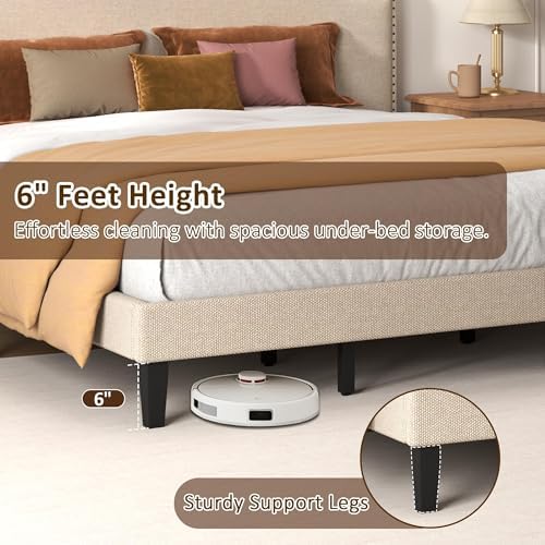 King Size Bed Frame with Upholstered Headboard, Wood Platform Bed with Soft - Image 4