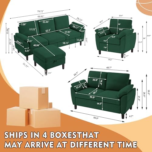 4 Piece Convertible Sectional Sofa Set, Modern Linen Small L Shaped Couch - Image 2