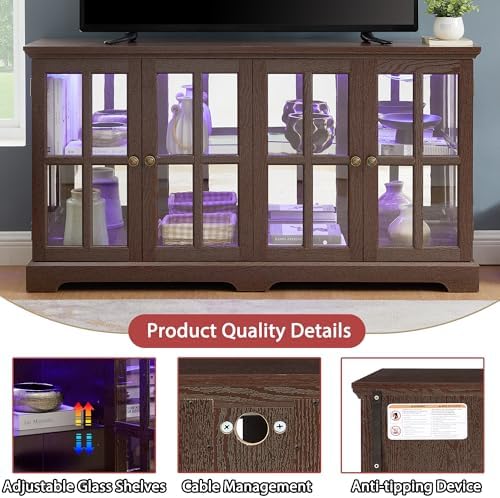 59" Glass Curio Display Storage Cabinet, 4 Doors LED Light Multipurpose - Image 3