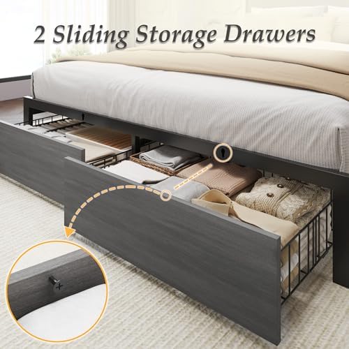 Full Bed Frame with Charging Station, LED Lights, 2 Drawers, Rustic Grey - Image 6