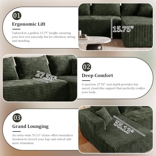 L-Shaped Sectional Boneless Cloud Couch Right Facing Chaise 92.5''-Green - Image 4