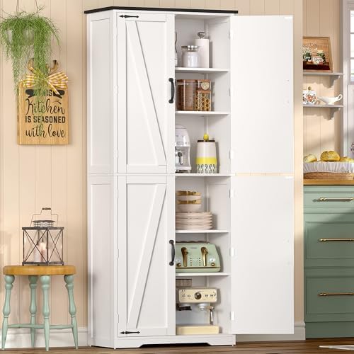 Tall Pantry Cabinet with 4 Doors & 2 Adjustable Shelves, Kitchen Cabinet by TEENFON