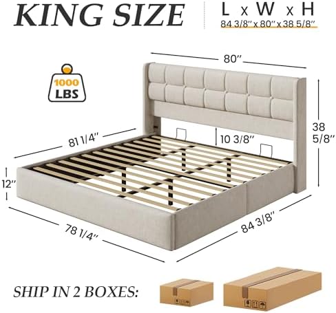 Lifezone King Size Lift Up Storage Bed Frame, Linen Upholstered King Platform - Image 2
