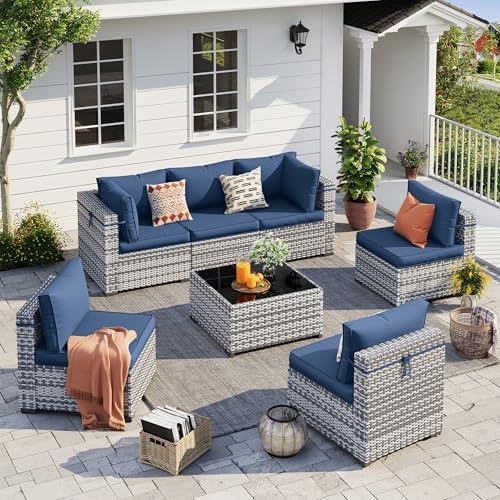 UDPATIO Outdoor Patio Furniture Set 7 Pcs Wicker Sectional Sofa Blue by UDPATIO