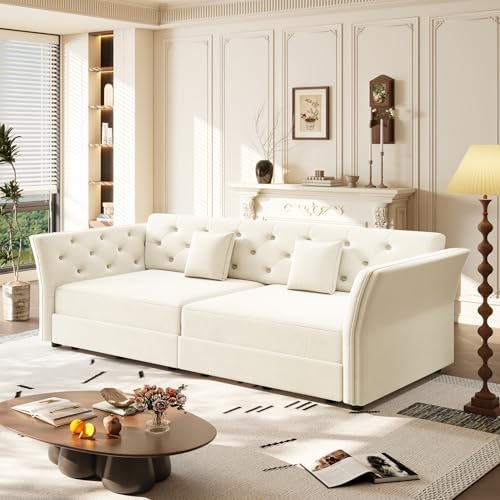 Sleeper Sofa Bed 74.4", Velvet Pull Out Couch, Flower Tufted Sofa by SmartEdge