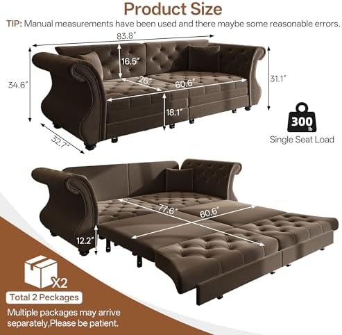 83.8" Velvet Pull-Out Chesterfield Sleeper Sofa Bed - Image 2