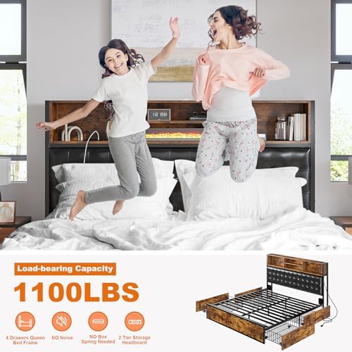EnHomee Queen Bed Frame with 4 Drawers & Charge Station, Vintage Brown - Image 6