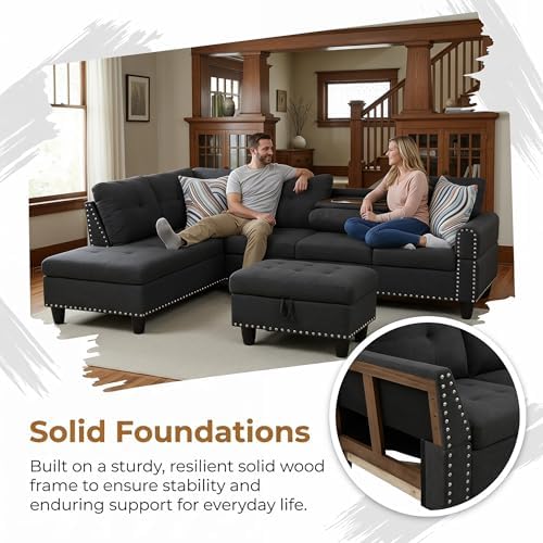 L-Shaped Couch Set, 97.5" L x 69.5" W Sectional Sofas Linen Grey - Image 5