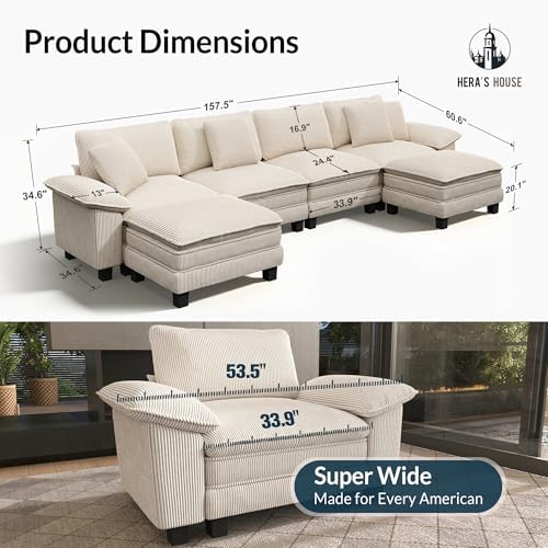HERA'S HOUSE 158" Oversized Modular Sectional U Shaped Sofa, Corduroy Beige - Image 2