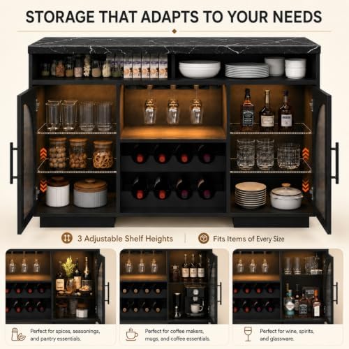 54" Coffee Bar Cabinet with Storage, LED Lights and Arched Glass Doors - Image 4