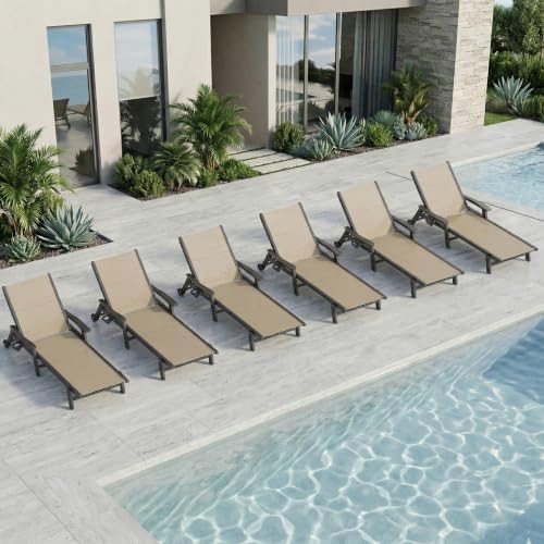Outdoor HDPE Chaise Lounge Chairs Set of 6, Textilene Pool Loungers by PatioKingdom