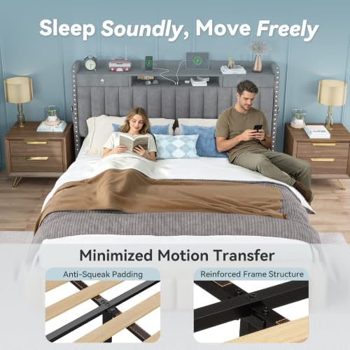 Queen Bed Frame with 2-Tier Storage Headboard and 4 Drawers, Linen Fabric - Image 6