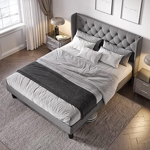 Allewie Queen Bed Frame with Button Tufted Wingback Headboard, Light Grey - Image 3