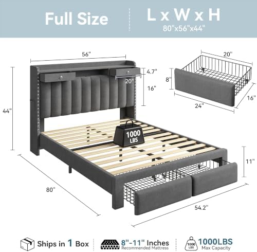 Full Size Bed Frame with 2-Tier Storage Headboard and 4 Drawers, Soft Linen - Image 2