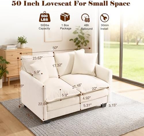 50'' Loveseat Sofa Cloud Sofa Couch, Modern Loveseats 2 Seat Couch 27" Deep Seat - Image 2