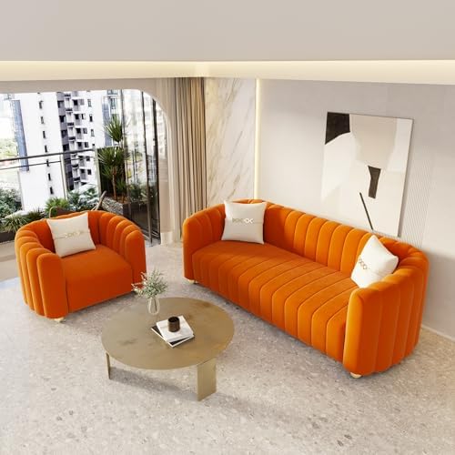 2-Piece Orange Velvet Tufted Sofa Set - Image 6