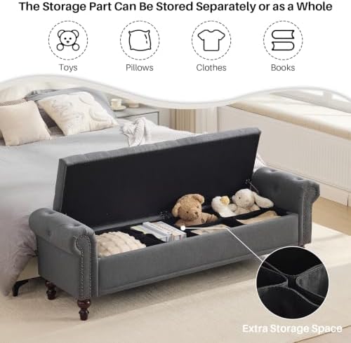 SOFTHION 67" Storage Bench for Bedroom, Linen Upholstered, Dark Grey - Image 6