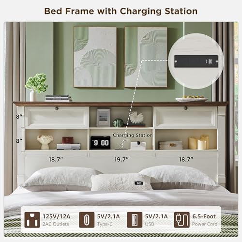 Farmhouse Queen Size Bed Frame w/Charging Station 2 Large Footboard Drawers - Image 5