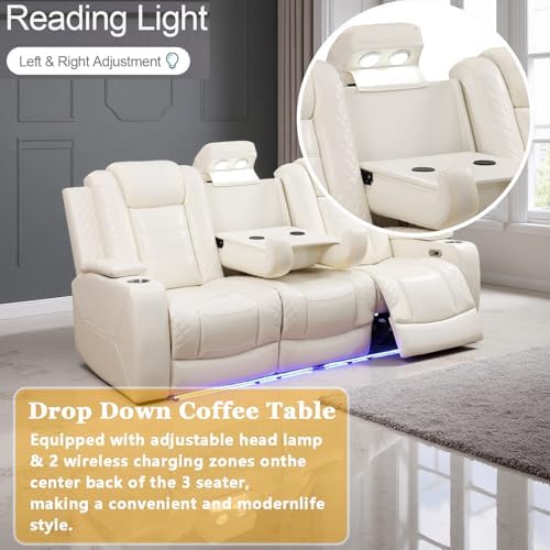 Power Reclining Sofa Set with LED Light, Power Recliner Leather Sectional Sofa - Image 6