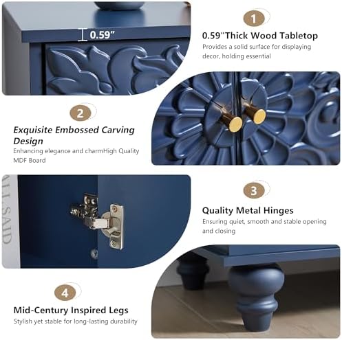 31" Accent Storage Cabinet, Floral Embossed 2 Door Sideboard, Midnight Blue - Image 5