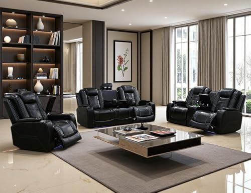 Power Recliner Sofa Set with Drop-Down Table, 3-Piece Leather Reclining Sofa by Toseslo
