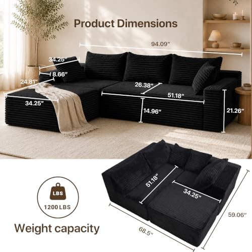 Claiks 94" Boneless Couch, L-Shape Corduroy Sectional Sofa - Image 2