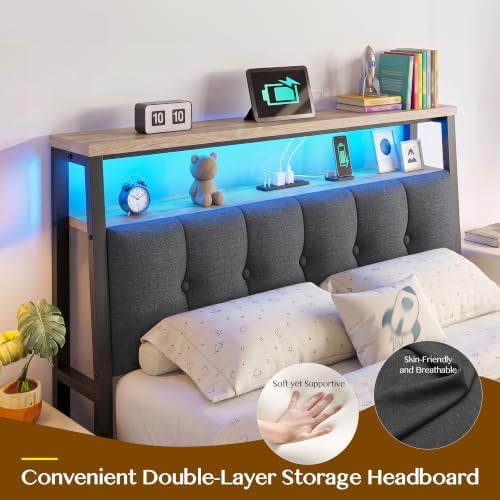 Homkdom Full Bed Frame with Upholstered Headboard & Charging Station - Image 3