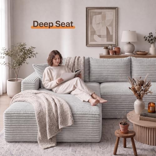 Claiks 94" Boneless Couch, L-Shape Corduroy Modular Sectional Sofa Deep Seat - Image 2