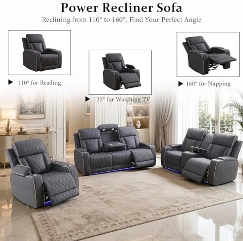 3-Piece Power Recliner Sofa Sets, Leather Reclining Couch Set - Image 4