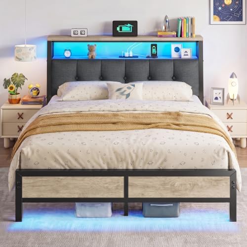 Homkdom Full Bed Frame with Upholstered Headboard & Charging Station by ElevateYourHome%EF%BC%8CEnhanceEver