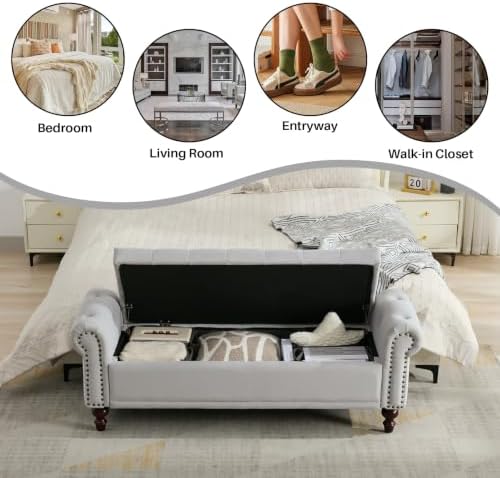 SOFTHION 58.1" Storage Bench for Bedroom, Velvet Upholstered, Light Grey - Image 6