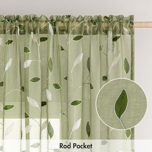 MIULEE Sage Green Sheer Curtains 2 Panels Leaf Patterned, W52 x L84 - Image 6