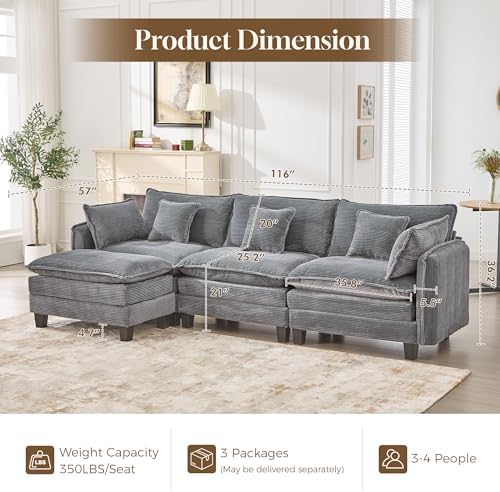 Corduroy Cloud Couch Modular Sectional Sofa, Oversized Deep Seat Modern - Image 2