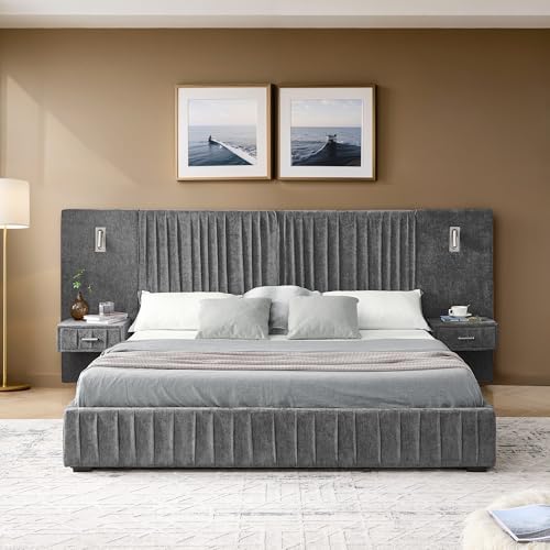 Queen Size Bed Frame with LED Lights and Nightstands, Modern Chenille - Image 3