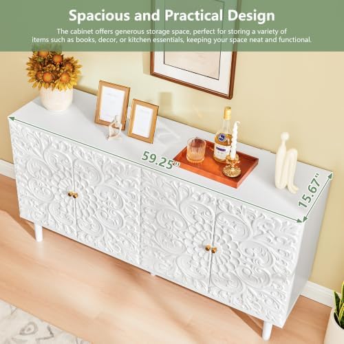 59" Buffet Cabinet with Storage, Floral Embossed 4 Door Sideboard - Image 3