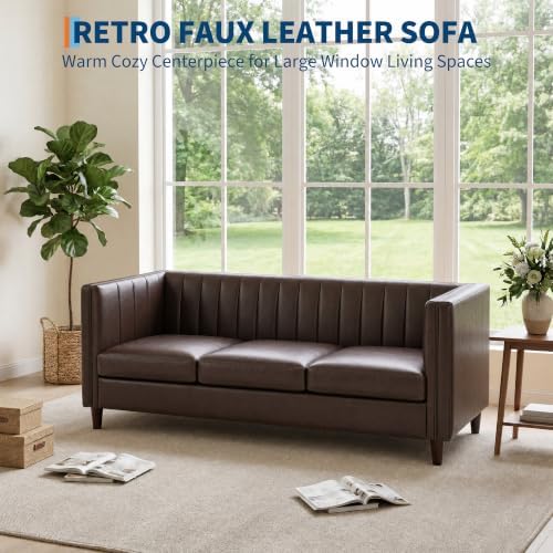 Garvee 81'' Brown Faux Leather Couch - Image 5