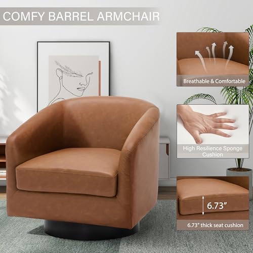 Pia Ricco Set of 2 Oversized Faux Leather 360° Swivel Barrel Accent Chair Brown - Image 3